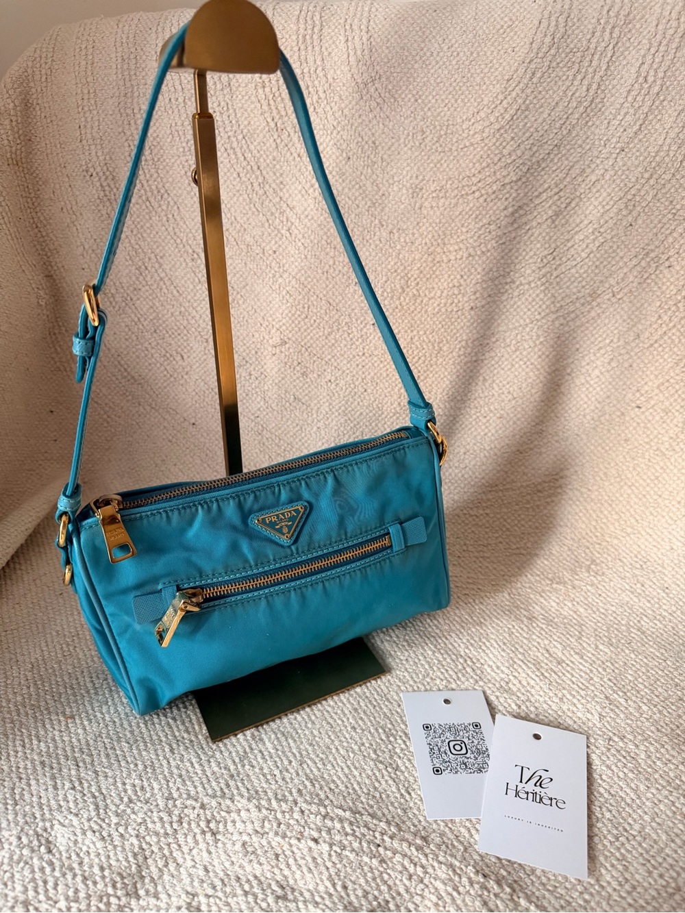 Prada Turquoise Nylon Shoulder Bag with Gold Hardware